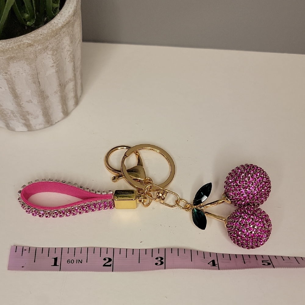 Pink Cherry Rhinestone Keychain Bag Charm - Picture 6 of 8